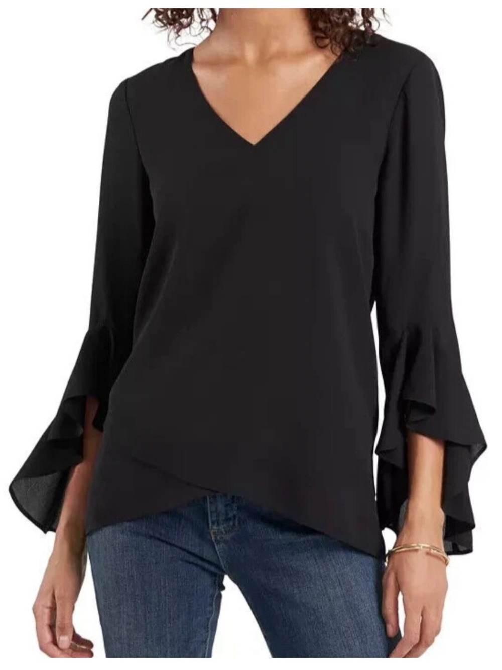 Vinci Camuto Women’s V-Neck 3/4 Sleeve Flutter Sleeve Black Blouse Size Large